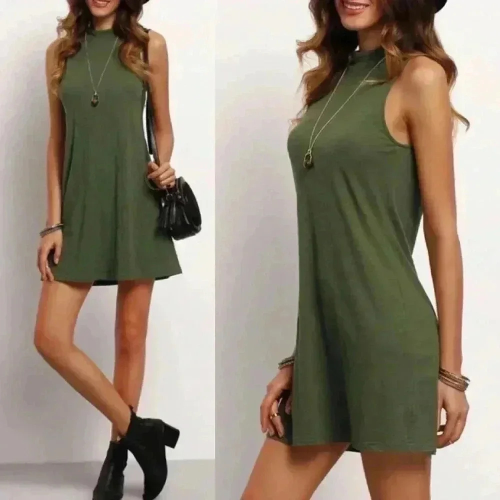 "Glenda" Mock Neck Sleeveless T-shirt Dress